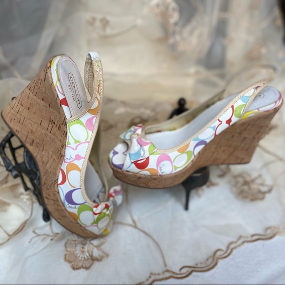 COACH Gwynnie Signature 4.5" Cork Wedge Slingback Sandals Multi Pastel with Bow. - Picture 4 of 15